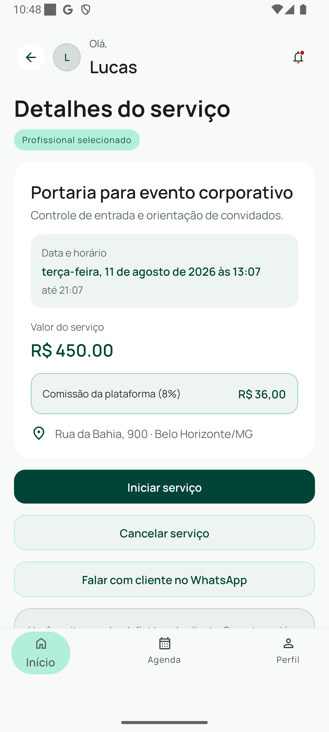 Tela para organizar serviços na Avodah