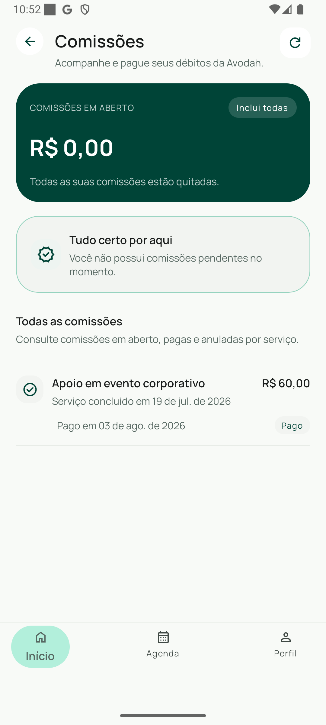 Tela da Avodah para gerenciar a comissão da plataforma