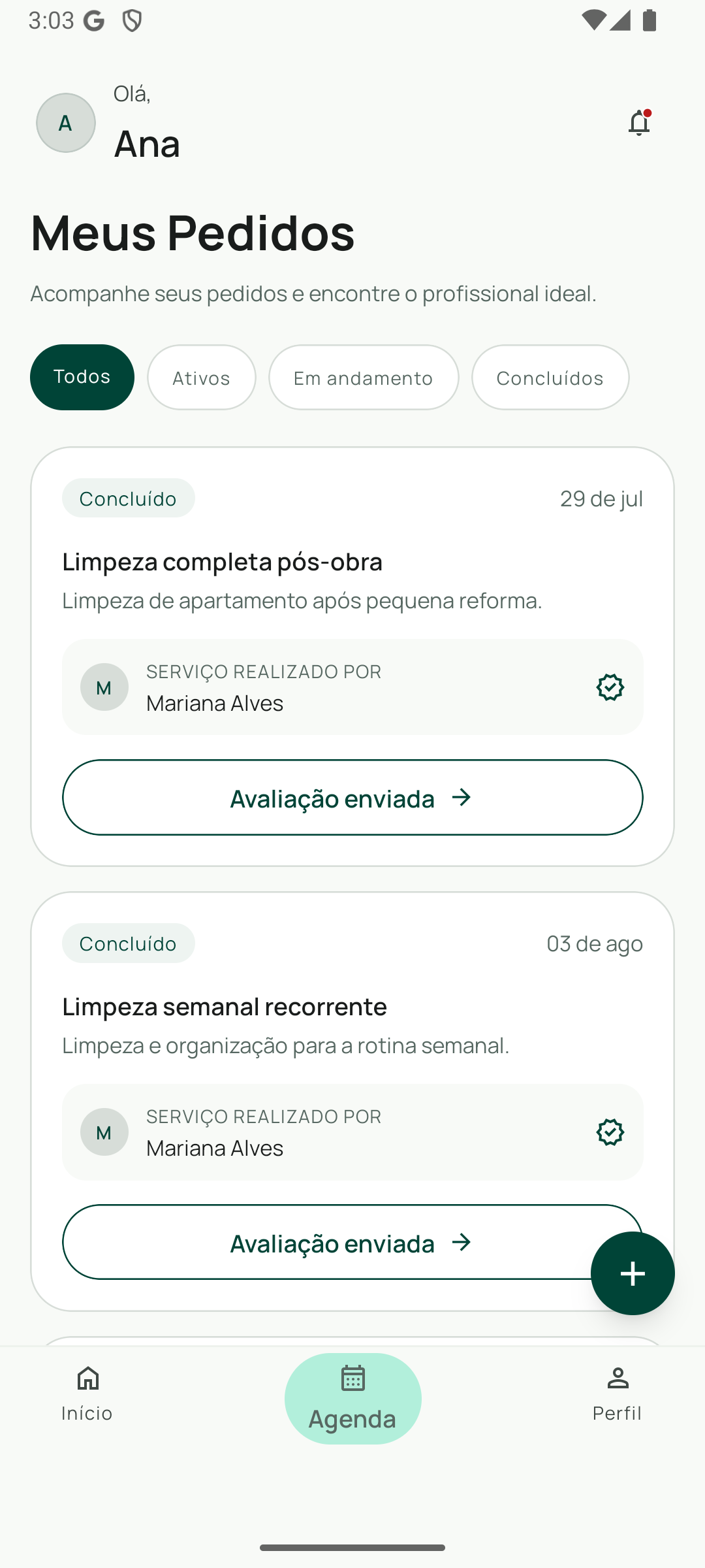 Agenda de pedidos do profissional na Avodah